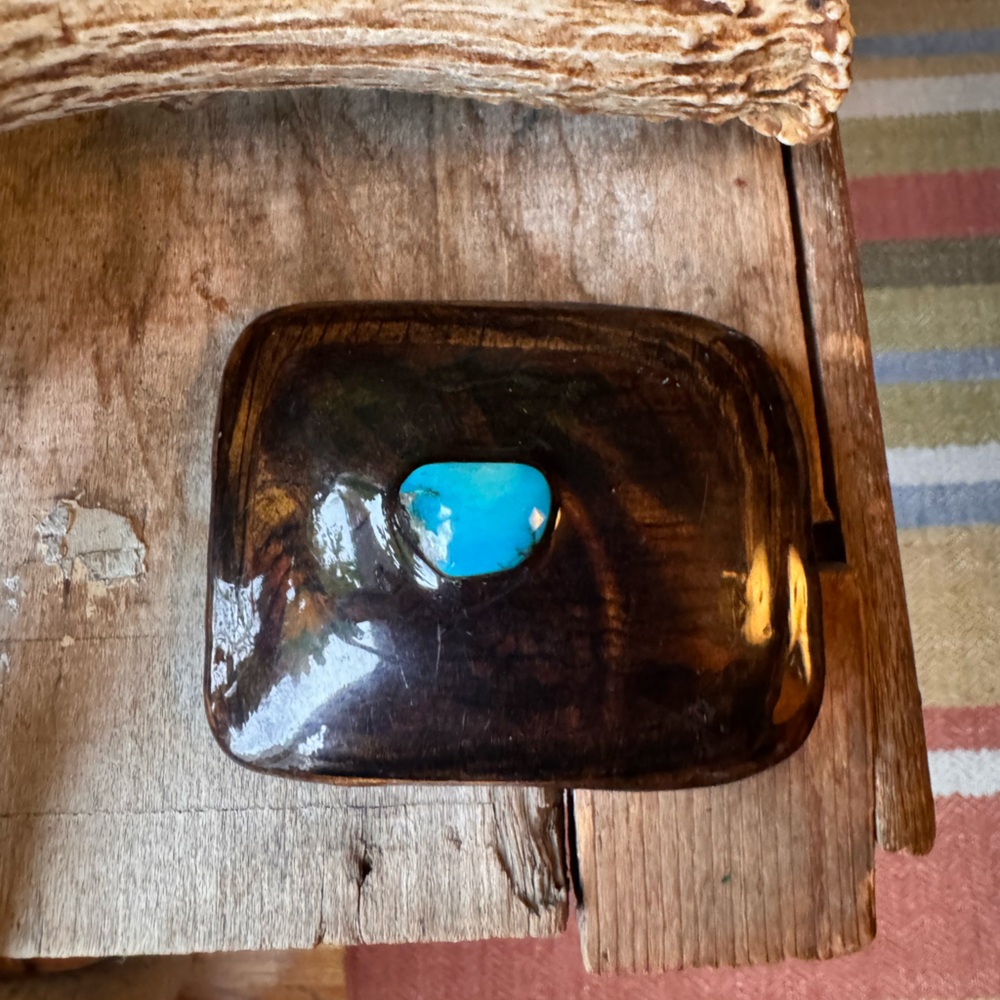 Artisan Wood Belt Buckle with Turquoise | Rustic Western Lodge Style